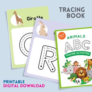 Hojas de trabajo para trazar animales del alfabeto / Actividades de trazado de letras mayúsculas / Descarga digital imprimible para preescolar
