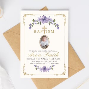 Plantilla de invitación de bautizo editable / Invitación imprimible / Diseño floral morado / Descarga instantánea