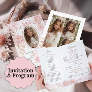 Könnte beinhalten: Ein Tauf-Einladungs- und Programmset. Die Einladung zeigt ein Foto eines jungen Mädchens, umgeben von rosa floralen Akzenten. Das Programm enthält Liedtexte und Taufdetails. Der Text "Einladung & Programm" ist ebenfalls sichtbar.