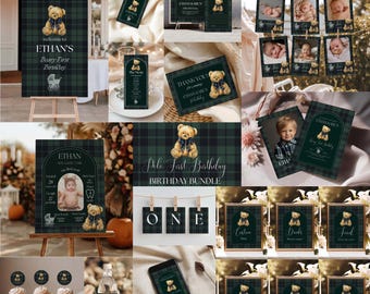 May include: A collection of birthday party decorations with a teddy bear theme. Items include invitations, signs, cupcake toppers, and a water bottle label. The color scheme is dark green and black plaid with gold accents. The text includes "Ethan's Beary First Birthday".