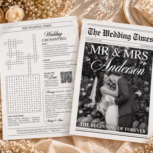 May include: Two white paper sheets styled as a newspaper titled The Wedding Times. One sheet features a wedding crossword puzzle, word search, and a QR code. The other sheet displays a black and white photo of a couple with the text Mr & Mrs Anderson.