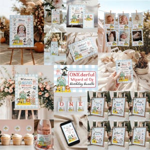Puede incluir: Una colección de decoraciones para fiestas de cumpleaños con el tema del Mago de Oz. Incluye letreros enmarcados, invitaciones, adornos para cupcakes y un letrero de bienvenida. La combinación de colores es vichy azul claro y blanco con ilustraciones.