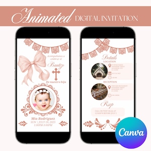 Puede incluir: Invitación digital mostrada en dos smartphones. El diseño presenta la foto de un bebé, un lazo y elementos decorativos en tonos rosados. El texto incluye detalles del evento e información de RSVP. El logotipo de Canva es visible.