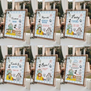 May include: Six framed signs with a light blue gingham background and gold-colored frames. Each sign features a different message and illustration, including "Custom Sign," "Guest Book," and "Party Favors."