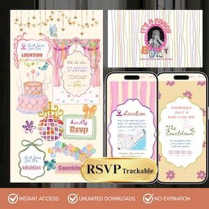 Pode incluir: Um conjunto de convites de aniversário digitais com gráficos em tons pastel rosa, amarelo e azul, incluindo um bolo de camadas, uma bola de discoteca, estrelas e borboletas. O layout inclui botões interativos para localização, RSVP, lista de desejos e temporizador.