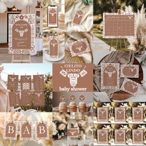 May include: A collection of brown and white baby shower decorations. Includes a welcome sign, invitations, game cards, cupcake toppers, and water bottle labels. The designs feature a steer head and decorative borders. The words "Welcome to" and "Baby Shower" are visible.