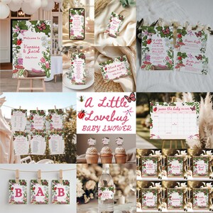 Puede incluir: Decoraciones para baby shower con temática floral e insectos. Incluye un letrero de bienvenida, tarjetas de mesa, adornos para cupcakes y un calendario. La combinación de colores es rosa, verde y blanco.