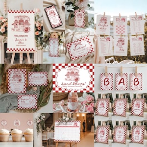May include: A collection of red and white checkered baby shower decorations. The set includes invitations, signs, and cupcake toppers, all featuring a charming illustration of a shop. The text "Special Delivery!" and "Baby Shower Bundle" are visible.