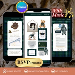 May include: Digital baby shower invitation displayed on three smartphones. The design features a green and navy plaid pattern, with illustrations of baby items, and the text "RSVP Trackable". The invitation includes the text "With Music".