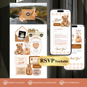 Puede incluir: Un conjunto de invitaciones digitales para baby shower con un osito de peluche, una calabaza, un camión y un pastel en forma de corazón. El diseño incluye una interfaz móvil que muestra un formulario RSVP, enlaces de registro y detalles.