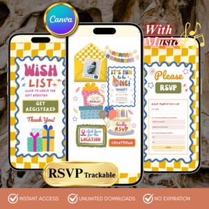 May include: Three digital mobile phone screens displaying a birthday invitation template with a yellow and white checkered background. The screens feature text including Wish List, Get Registered, It's Fun to be One, and Please RSVP with form fields.