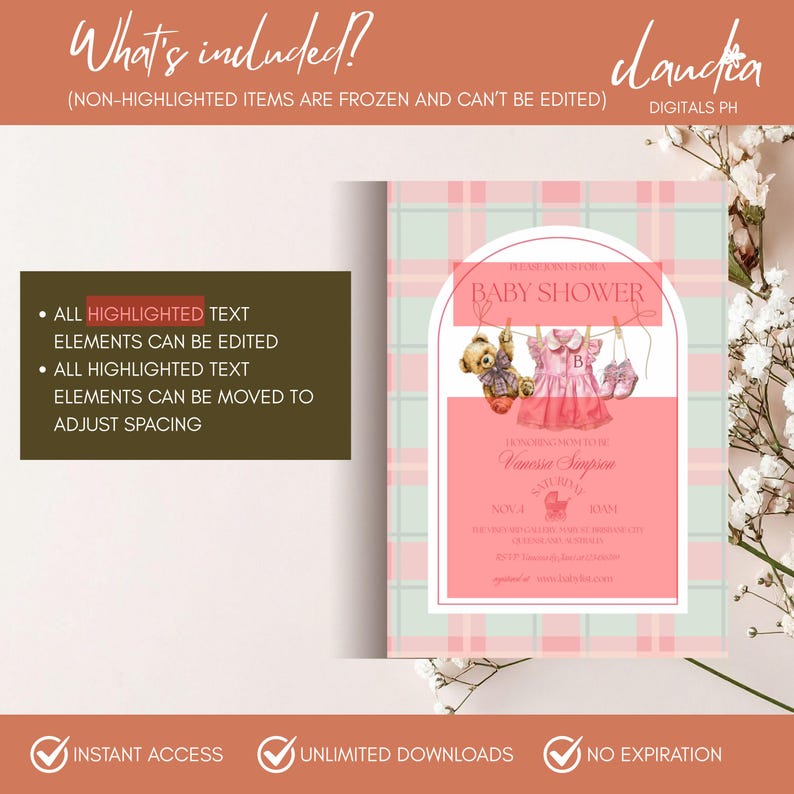 Polo Luxury Baby Shower Invitation Template for girls – Tartan Equestrian Free Canva Invite Suite image 9