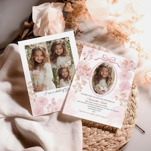 May include: Two baptism invitations with floral designs. One card features a photo collage with the text "I am a child of God." The other card has a portrait and invitation details, including a date, time, and location.