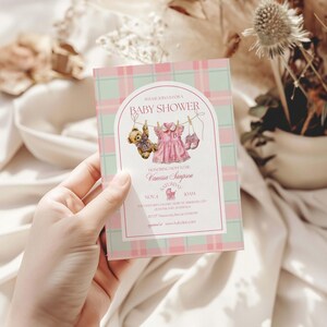 Polo Luxury Baby Shower Invitation Template for girls – Tartan Equestrian Free Canva Invite Suite image 1
