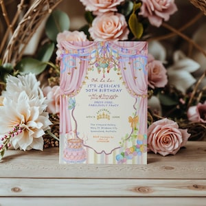 May include: A rectangular birthday invitation card featuring a pastel pink curtain design with a chandelier, a tiered cake, and butterflies. The text reads: Ooh La La, It's Jessica's 30th Birthday, so let's get fancy, Dress Code: Fabulously Fancy, Saturday, Nov 4, 10AM.