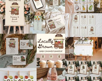 May include: A collection of baby shower decorations featuring a rustic theme. The items include a welcome sign, invitations, thank you cards, and a calendar. The design incorporates a vintage-style illustration of a produce cart filled with fruits and vegetables.