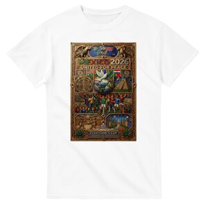 May include: White t-shirt featuring a detailed graphic celebrating the 2026 World Cup in Mexico. The design includes the text "MEXICO 2026 UNITED FOR PEACE" and imagery of a dove, a globe, and a pyramid.