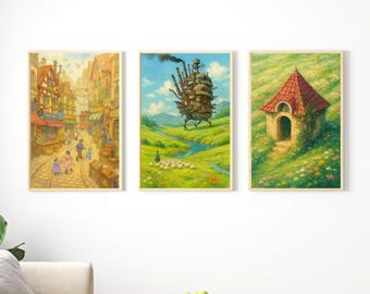 Howl&#39;s Moving Castle Poster Set, Whimsical Wall Art for Studio Ghibli Fans, Fantasy Home Decor Gift for Anime Lovers, Digital Vertical Print