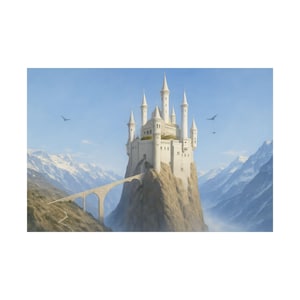 May include: A white castle with multiple spired towers sits atop a rocky mountain, connected by a bridge. The background features snow-capped mountains and a blue sky with birds. A fantasy-themed illustration.