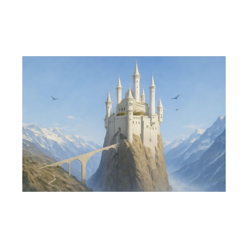 May include: A white castle with multiple spired towers sits atop a rocky mountain, connected by a bridge. The background features snow-capped mountains and a blue sky with birds. A fantasy-themed illustration.
