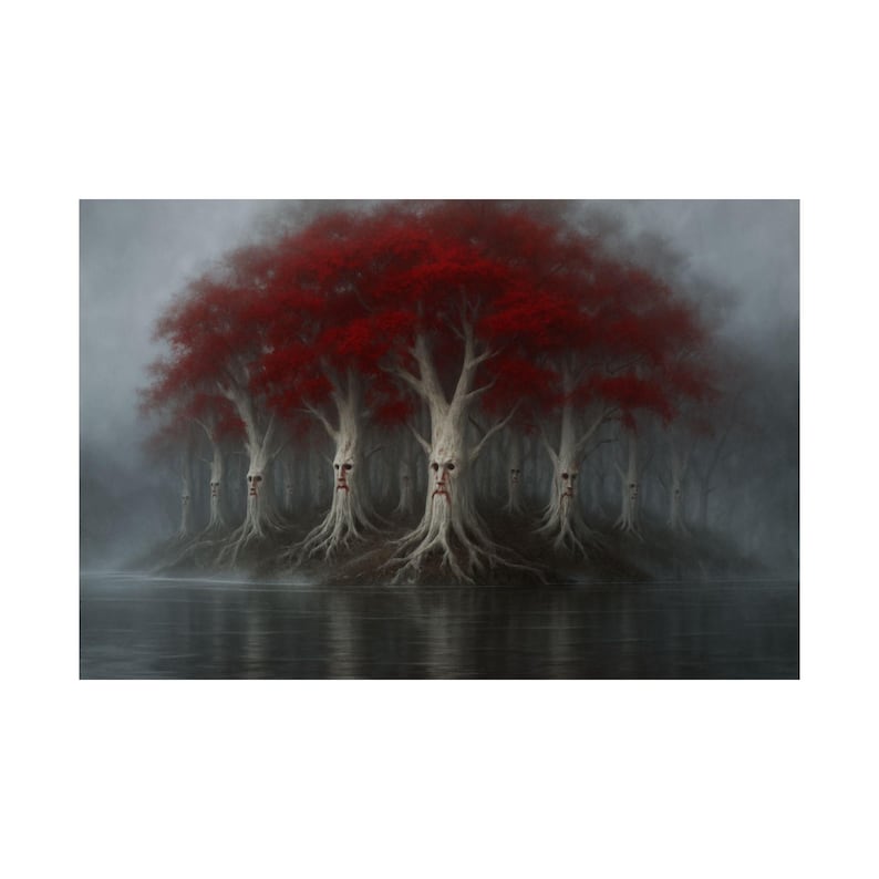 May include: An artistic depiction of a forest scene with trees featuring faces. The trees have white trunks, red foliage, and exposed roots. The scene is set in a misty environment with a body of water in the foreground, creating a surreal atmosphere.