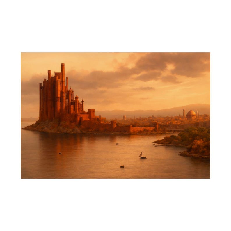 May include: An artistic rendering of a large, reddish-brown castle on a rocky island, surrounded by water. The sky is a warm orange, and small boats dot the water. A city is visible in the distance.