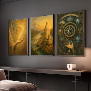 May include: Three framed art prints depicting spiritual themes. The first shows a hand with glowing energy, the second a city at sunset, and the third a wheel with a yin-yang symbol and a hand. The artwork has a vintage, mystical aesthetic.