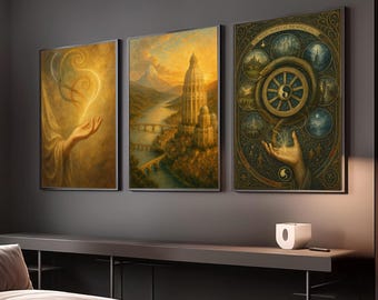 Wheel of Time Poster Set, The Wheel Weave, White Tower Tar Valon & The Channeler, Romantic Style Fantasy Prints, Witchy Art Nouveau Wall Art