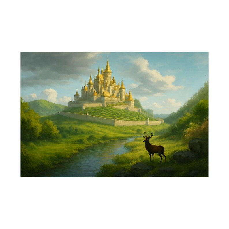 May include: An illustration of a golden castle atop a green hill, with a river flowing in the foreground. A brown deer stands on the riverbank. The sky is cloudy with a hint of blue.