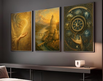 Wheel of Time Posters, The Wheel Weave, White Tower Tar Valon & The Channeler, Romantic Style Fantasy Prints, Witchy Art Nouveau Wall Art