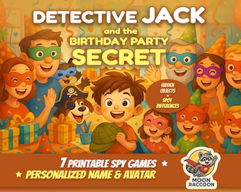 以下が含まれることがあります： 「名探偵ジャックと誕生日パーティーの秘密」という子供向けゲームのカラフルなイラスト。マスクとパーティーハットをかぶった漫画のキャラクターが描かれています。「隠されたオブジェクト」と「違いを見つける」というテキストが含まれています。