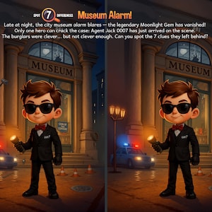 May include: Cartoon illustration of Agent Jack 0007 outside a museum at night, with the text "Museum Alarm!". The image features a detective holding a torch and the text "Spot 7 Differences". The museum has the word "MUSEUM" on it.