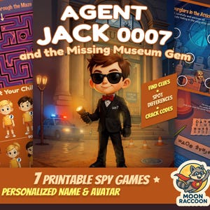 Może przedstawiać: Cyfrowa ilustracja do gier szpiegowskich do wydrukowania. Obraz przedstawia postać szpiega z kreskówek trzymającą latarkę, z tekstem "AGENT JACK 0007 and the Missing Museum Gem". Dodatkowy tekst zawiera "7 gier szpiegowskich do wydrukowania" i "Personalized Name & Avatar".