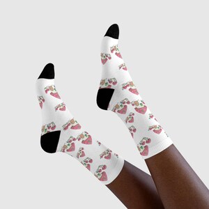 White socks with mushroom house design | Hand-drawn | For adults | Playful socks gift