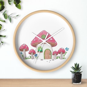 Mushroom House Wall Clock – Hand-Drawn Forest Decor for Nature Lovers & Fantasy Fans