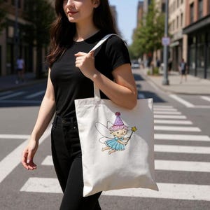 Tote Bag with Hand-Drawn Fairy – Cotton Bag with Magic Wand – Sustainable Fairy Tale Tote – Gift for Fairy Lovers