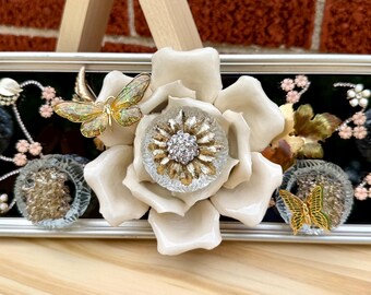 Moonlit Garden – Crystal Salt Cellar Floral Assemblage | Vintage Jewelry Wall Art | One-of-a-Kind Mixed Media Sculpture
