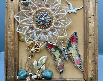 Wildflower Reliquary – Framed Vintage Jewelry Garden Assemblage | 10.5x12” Mixed Media Wall Art