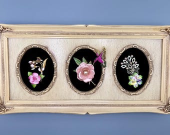Floral Jewelry Art Triptych – Vintage Brooch Wall Art with Hummingbird – Cottagecore Pink Flower Collage – Framed Assemblage – 8x17