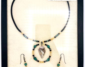 Handcrafted Mozarkite Arrowhead Necklace & Earring Set – Turquoise Accents