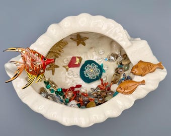 Vintage Shell Jewelry Art Sculpture – Undersea Collage with Repurposed Brooches, Sea Glass & Shells – Coastal Decor – One of a Kind Artwork