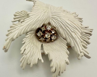 Vintage Trifari Brooch: Enamel Chrysanthemum Flower, Rhinestone Center