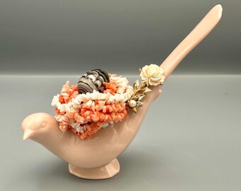 Lenox Bird Sculpture with Vintage Coral Jewelry Nest – Upcycled Coastal Chic Ceramic Bird Figurine