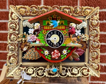 Cuckoo’s Nest – Vintage Cuckoo Clock Assemblage Art, Interactive Wind-Up Bird Clock, Mixed Media Shadowbox, One-of-a-Kind Storybook Decor