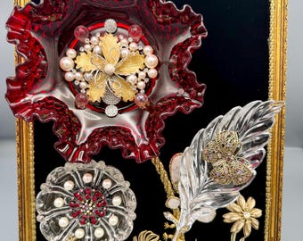 Ruby Glass Flower Art - Vintage Jewelry Mixed Media Botanical Wall Art - One of a Kind Statement Piece