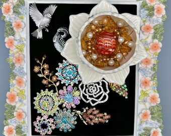 Vintage Jewelry Garden Assemblage – Handblown Glass Egg, Floral Brooches (11x13")