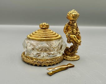Vintage Gilt Cherub Salt Cellar with Tongs | Hollywood Regency Gold Glass Vanity Dish