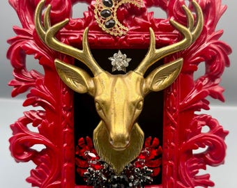 OOAK Deer Art | Gothic Maximalist Decor | Red Baroque Frame | Mixed Media Assemblage | Woodland Wall Sculpture
