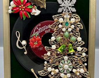 Holiday on 45 – Vintage Christmas Record Assemblage | 8x10” Framed Jewelry Tree Wall Art