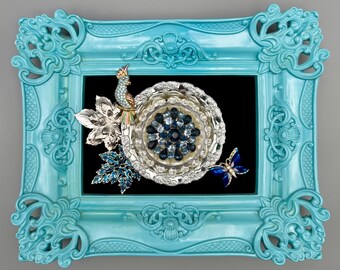 Turquoise Baroque Frame Jewelry Art – Vintage Rhinestone Floral Collage with Bird & Butterfly – Whimsical Glam Wall or Tabletop Decor – 8x10